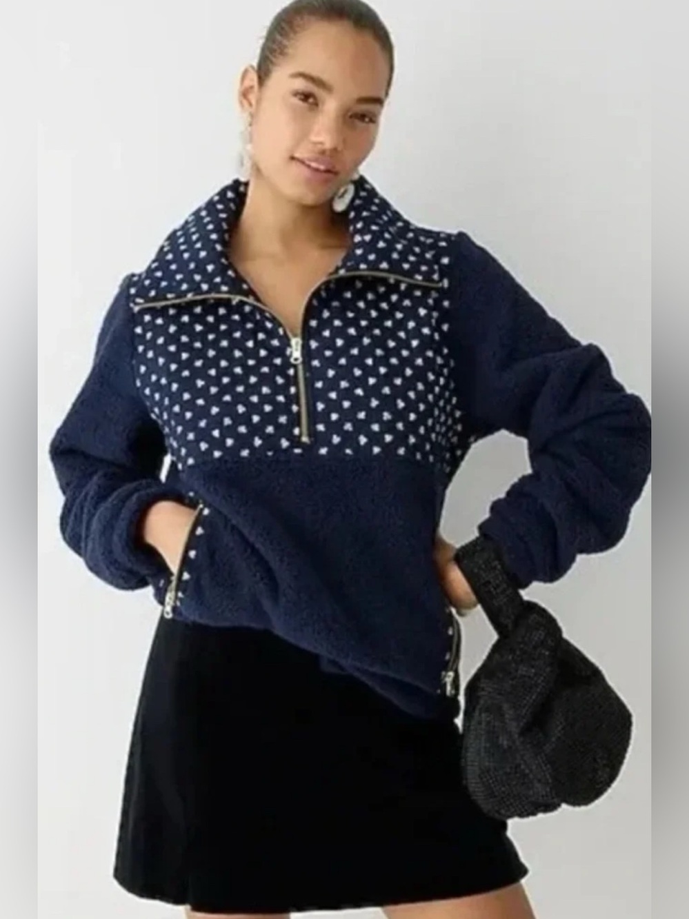 J.Crew Pullover Fleece Sherpa Jacket Floral Quilted Navy Blue Size Small